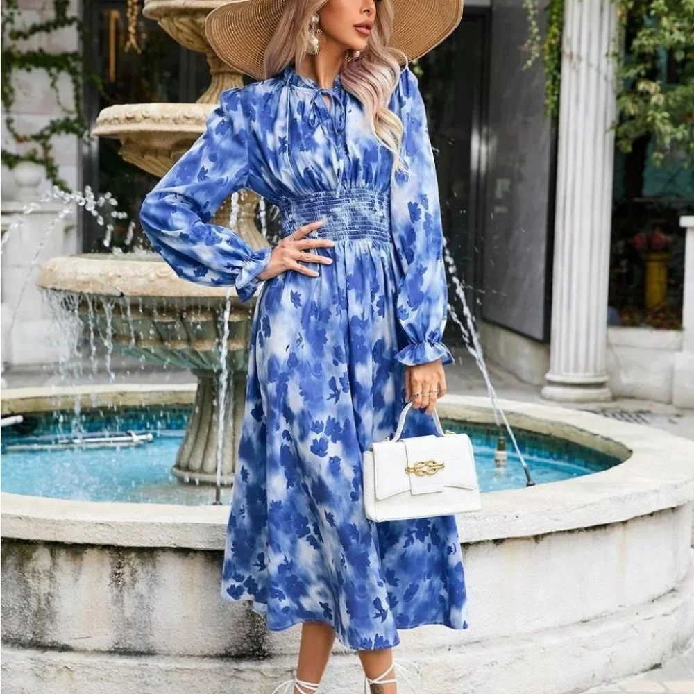 Boho Floral Print Flounce Sleeve Shirred Waist Maxi Dress Blue - Picture 5 of 5